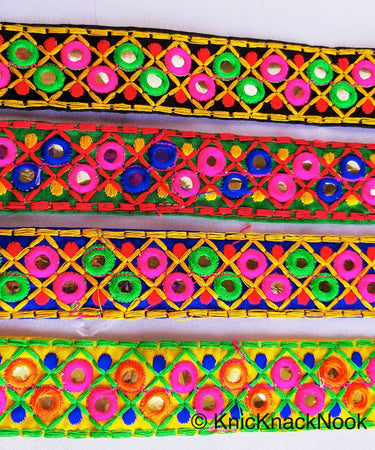 Green Cotton Fabric Mirrored Trim With Embroidery In Fuchsia Pink, Blue, Red & Yellow Threads